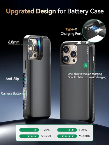 Vista 3 de NEWDERY Funda de batería mejorada para iPhone 16 Pro, cargador portátil USB C de 5000 mAh, CarPlay, compatible con datos de sincronización, funda