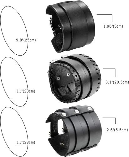 Vista 2 de Cupimatch 3 pulseras de cuero ajustables negras, pulsera de cuero ancho punk rock para hombres para el día del padre