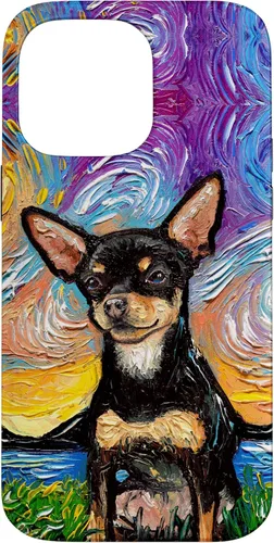 Vista 21 de Negro y bronceado liso Chihuahua Starry Night Dog ilustraciones caso para iPhone 17