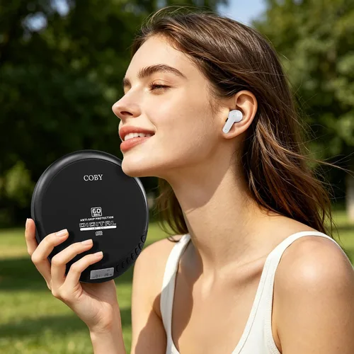 Vista 5 de Coby Reproductor de CD Bluetooth portátil con radio FM y auriculares, disco recargable anti-salto con reproducción de MP3, entrada AUX, súper bajo