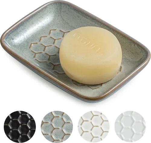 Vista 11 de Gomakren Jabonera para ducha, soporte de cerámica para jabón con diseño de panal, bandeja ahorradora de jabón para fregadero de cocina y baño, Beige