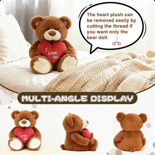 Vista 3 de ¡Te quiero! Oso de peluche de 10 pulgadas con corazón rojo, muñeca de oso de peluche suave, juguetes de peluche, regalos para ella/novia, amante