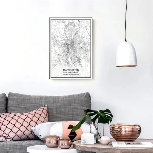Vista 2 de TANOKCRS Manchester New Hampshire USA - Póster impreso en lienzo con diseño de mapa de Estados Unidos, sin marco, moderno, en blanco y negro, regalo