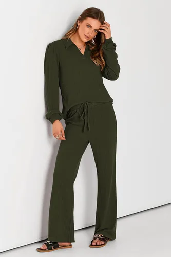 Vista 5 de PRETTYGARDEN Conjunto de dos piezas de ropa de otoño para mujer, manga larga, solapa, cuello en V, blusas, pantalones de pierna ancha, chándal
