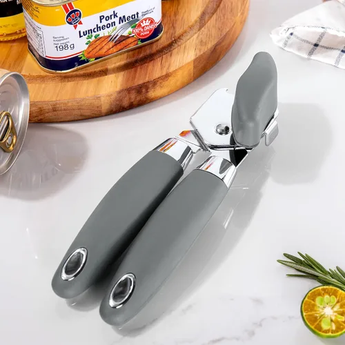 Vista 7 de TJ POP - Abrelatas manual, abrelatas de mano resistente, borde liso, perilla de fácil giro, con abrebotellas, utensilios de cocina, color gris