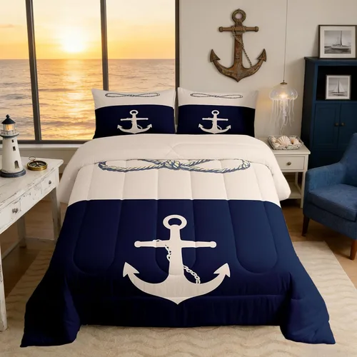 Vista 31 de Juego de edredón de brújula azul marino, tamaño individual, 2 piezas, diseño náutico de vela, estilo simple, para niños, adolescentes, adultos