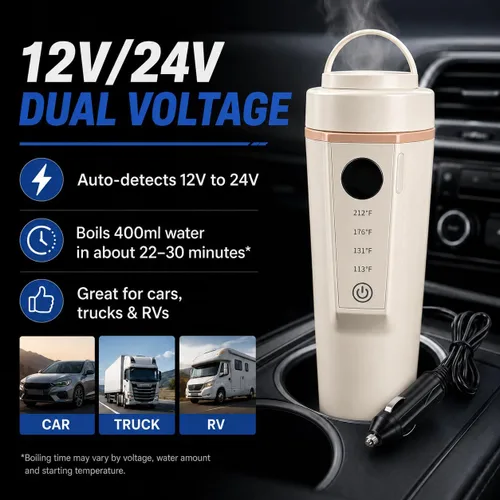 Vista 4 de Hervidor eléctrico para automóvil de 12 V/24 V de doble voltaje, hervidor eléctrico portátil de viaje para viajes por carretera, mini caldera