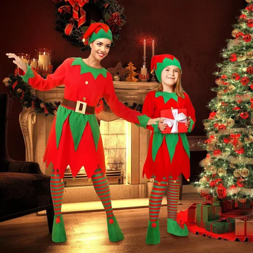 Vista 2 de Conjunto de disfraz de elfo de Navidad para mujeres y niñas, incluye sombrero de elfo, vestido de Papá Noel, medias a rayas, cinturones para adultos