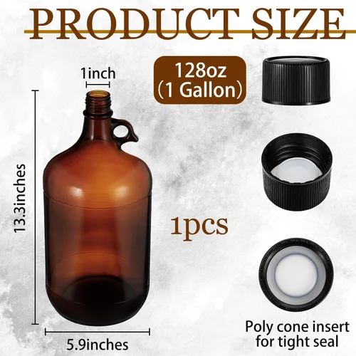 Vista 2 de Maxdot Paquete de 1 jarra de fermentación de vidrio de 1 galón con tapa hermética, 128 onzas de vidrio ámbar Carboy con asa para kombucha
