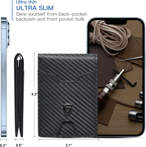 Vista 3 de GSOIAX Billetera delgada para hombre con bloqueo RFID carteras plegables para hombre minimalista cuero auténtico fibra de carbono clip para dinero