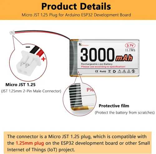 Vista 6 de Batería recargable de 3.7V 3000mAh 1S 1C LiPo Batería para ESP32, Raspberry Pi, IoT, altavoz y dispositivo inalámbrico con placa de protección