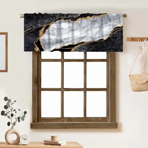 Vista 32 de Cortina de cenefa de mármol verde con venas doradas de mármol negro, diseño abstracto de lujo, elegante cenefa con bolsillo para barra, 1 panel