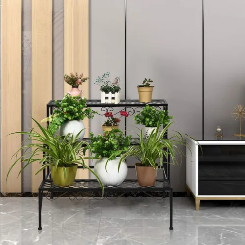 Vista 3 de Giantex Soporte de metal negro para plantas de 3 niveles, soportes de metal para plantas con 6-9 soportes de capacidad en maceta, estante