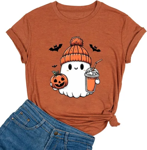 Vista 9 de Woffccrd - Camisetas divertidas con estampado de calabaza y leopardo para mujer, camisetas gráficas de manga corta de Halloween para mujer