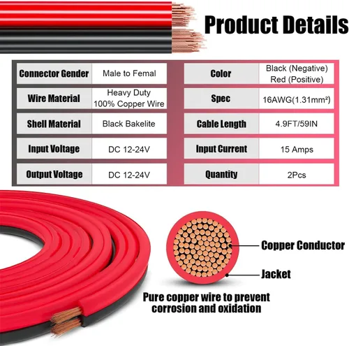 Vista 3 de Cable de extensión de encendedor de cigarrillos resistente de 12V/24V 16AWG de 4.9 pies, adaptador de cable de extensión de enchufe macho a hembra