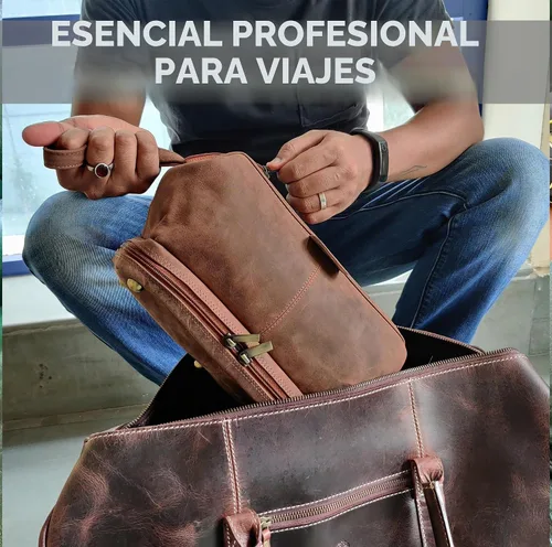 Vista 7 de Neceser de cuero para hombre - Kit Dopp para viajes, afeitado, viajes nocturnos, Marrón, M