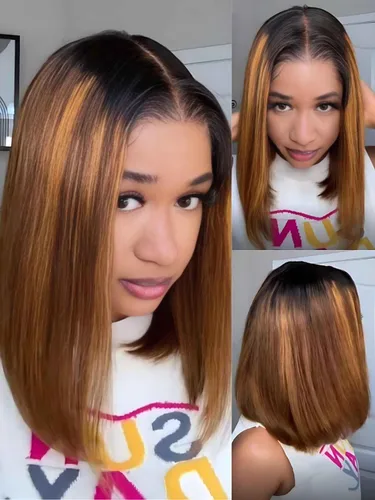 Vista 36 de Pelucas de cabello humano Bob de Beauty Forever, rubia con raíces marrones, parte lateral, corte recto, 7x5 encaje HD, adiós a los nudos, peluca Bob