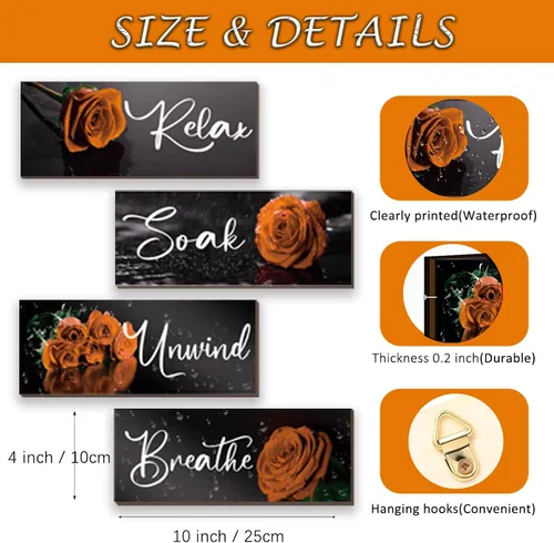 Vista 4 de ZINYAZHE 4 piezas de decoración de baño naranja, decoración de pared de rosas, accesorios de baño de madera naranja con arte de pared para Rosa