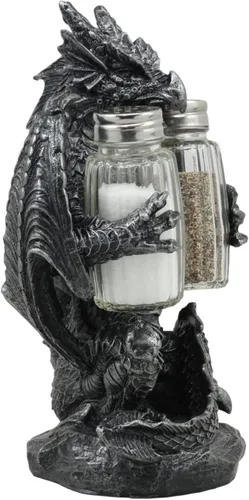 Vista 4 de Ebros Gift Juego de salero y pimentero gótico medieval, color negro, semimetálico, negro, estatua de 7.75 pulgadas de alto, figura de dragón