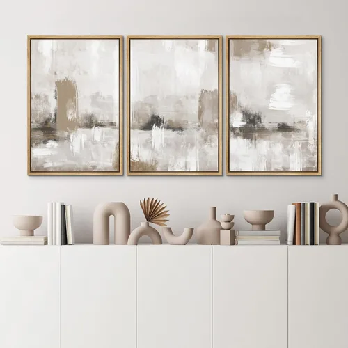 Vista 421 de SIGNFORD - Set de obras de arte en lienzo enmarcado para pared, ilustraciones abstractas de neblina del desierto en tonos neutros beige y marrón