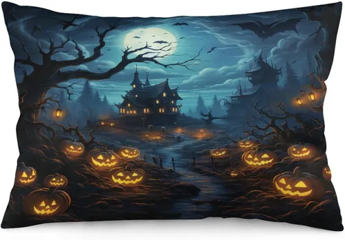 Vista 27 de Fundas de almohada frescas de casa embrujada, castillo, luna, bosque medieval, calabaza, fundas de almohada rectangulares con cremallera invisible