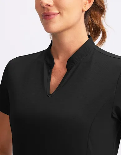 Vista 3 de Obla Polo de golf para mujer, cuello en V, manga corta, sin cuello, de secado rápido, para tenis, correr, camisetas de golf para mujer