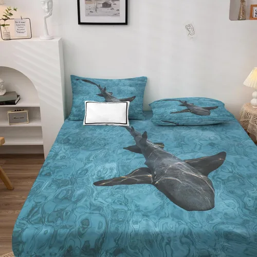 Vista 2 de Juego de sábanas de tiburón tamaño individual, sábanas de animales oceánicos, sábanas y fundas de almohada estampadas de 3 piezas, sábana bajera