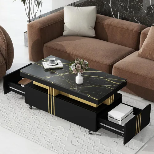 Vista 11 de Mesa auxiliar multifuncional con 2 cajones de almacenamiento, mesa de cóctel de café extensible con 2 cajones, mesa central rectangular de alto