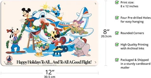Vista 2 de Mickey Mouse y personajes de Disney – Happy Holidays to All – Delta Air Lines (aerolínea oficial de Disney World) – Póster vintage de viaje c.1960s