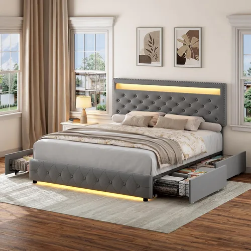 Vista 13 de Torana - Base de cama con luces LED, cabecero ajustable y 2 cajones, color blanco PU
