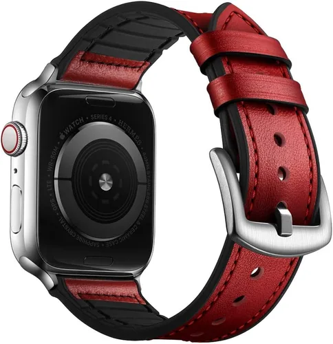 Vista 15 de OUHENG Correas de cuero compatibles con Apple Watch de 42mm 41mm 40mm 38mm, correa híbrida de cuero genuino y goma para iWatch Series 11 10 9 8 7 6