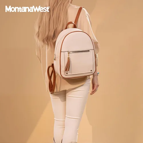 Vista 2 de Montana West Mochila mediana para mujer, mochila antirrobo con cremallera segura y borla, Mochila Beige y Marrón, Mochilas de viaje