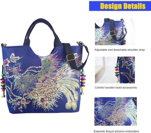 Vista 6 de Bolsos de hombro vintage para mujer, bolsos de mano, bolso de viaje para mujer con lentejuelas brillantes bordadas fénix