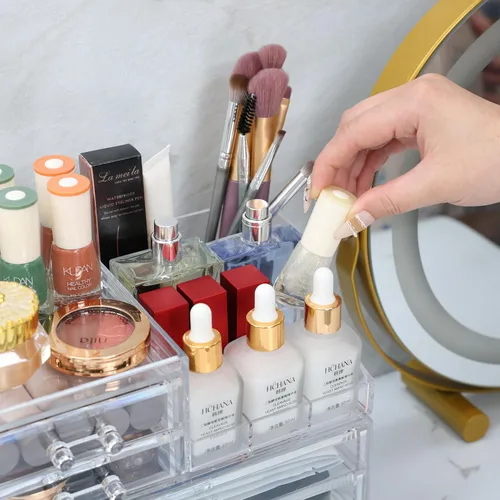 Vista 6 de Organizador de maquillaje pequeño de acrílico con cajones, organizador de cuidado de la piel transparente para tocador, cómoda, encimera de baño