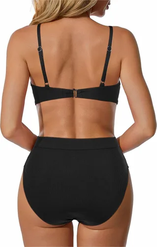 Vista 5 de RXRXCOCO Traje de baño de dos piezas para mujer, con cordones, fruncido, cintura alta, conjunto de bikini