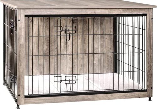 Vista 45 de DWANTON - Perrera con cojín, de madera, con puertas dobles, para interiores, S, M, L, 27.2 pulgadas de largo, negro