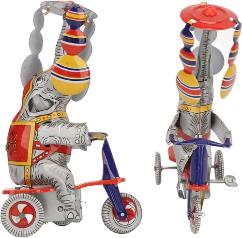 Vista 3 de RiToEasysports Juguetes de cuerda, elefante en triciclo, juguete de estaño de hierro impulsado por relojes, juguete retro de estaño de elefante