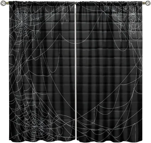 Vista 45 de Cortinas opacas de tela de araña aterradora para niños, tela de araña en blanco y negro, fondo rojo, dormitorio de niños, guardería, decoración