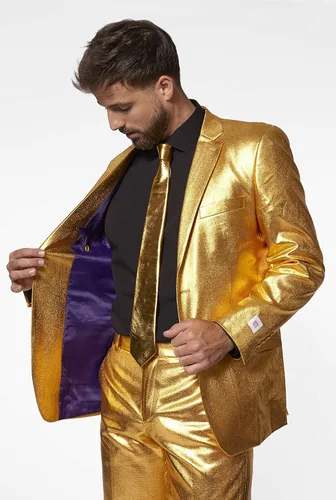 Vista 3 de Opposuits Traje de fiesta dorado para hombre, disfraz metálico de Año Nuevo y Navidad, incluye chaqueta, pantalones y corbata a juego