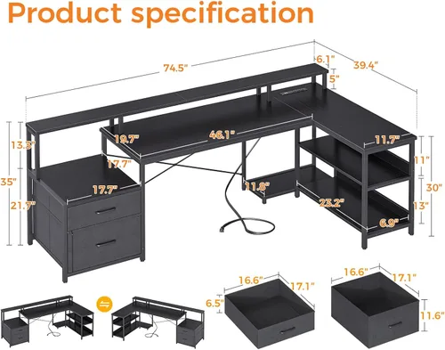 Vista 3 de ODK Escritorio en Forma de L con Cajón de Archivos, Escritorio de Computadora Reversible en Forma de L de 75", con Toma de Corriente y Tira LED