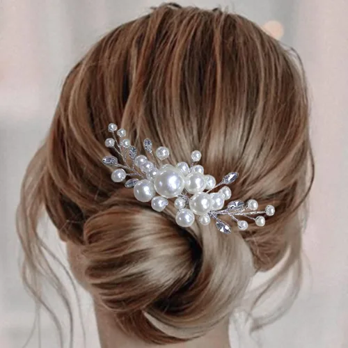 Vista 7 de Evild Clip de pelo nupcial de la perla Peine del pelo de la boda del Rhinestone del oro Accesorios para el cabello para Dorado