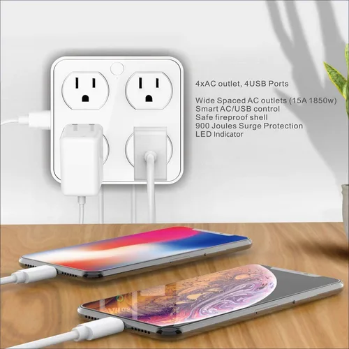 Vista 8 de Enchufe inteligente de pared inalámbrico, protector de sobretensiones, extensor de 4 salidas con 4 puertos de carga USB, compatible con Alexa Google