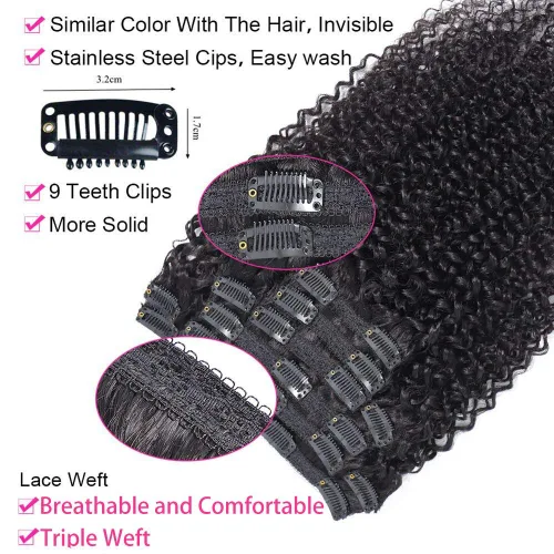 Vista 3 de Extensiones de cabello rizado con clip para mujeres afroamericanas, Urbeauty, Extensiones de cabello rizado con clip para cabello humano para chicas