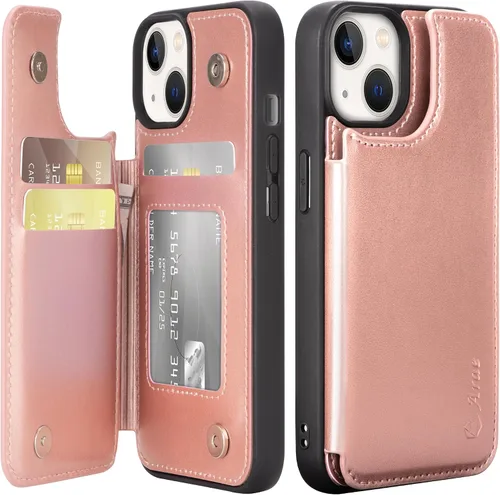 Vista 8 de Arae Funda para iPhone 15 [6.1 pulgadas] - Funda tipo cartera con bolsillos para tarjetas de piel sintética con tapa trasera para iPhone 15 de 6.1