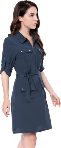Vista 3 de Allegra K Vestido camisero con cuello y cinturón de safari con mangas enrollables para mujer, M