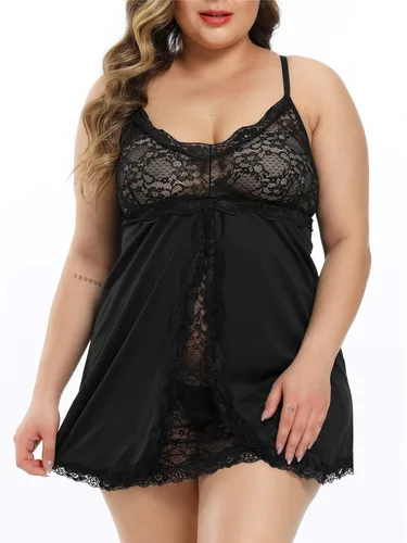 Vista 4 de FlatterMe Ropa interior de encaje para mujer Babydoll de malla dividida Chemise cuello en V sin espalda Halter ropa de dormir
