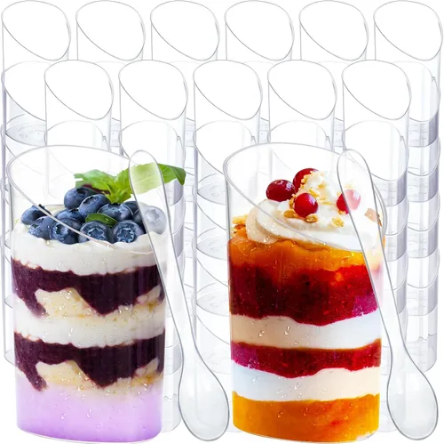 Vista 8 de Paquete de 100 mini tazas de postre con cucharas, pequeñas de plástico transparente de 3 onzas, inclinadas y redondas, vasos desechables tipo
