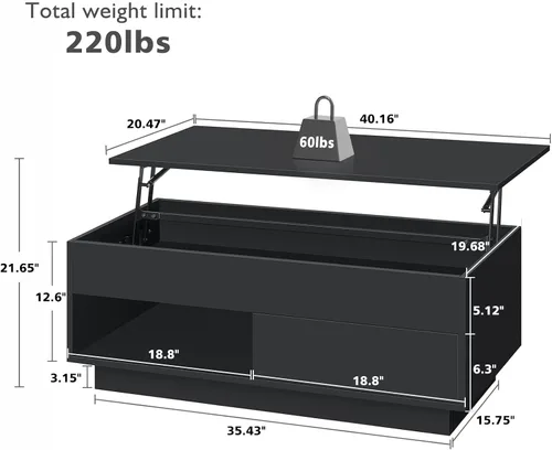 Vista 7 de HOMMPA - Mesa de café con tapa elevable de 40" con almacenamiento, mesa de centro LED moderna de alto brillo para sala de estar, mesa de té moderna