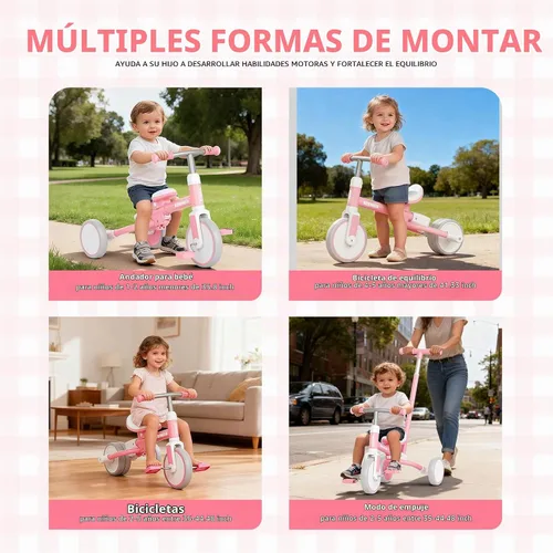 Vista 5 de KORIMEFA Triciclo 5 en 1 para niños pequeños de 1 a 3 años, bicicleta para Rosa