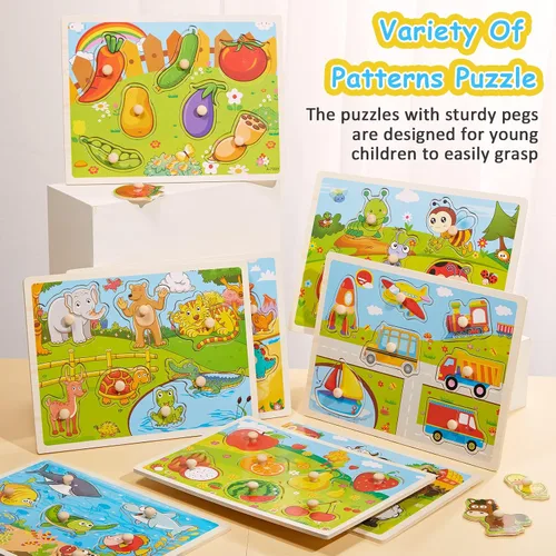 Vista 4 de Chivao - Juego de 8 rompecabezas de madera para animales, vehículos y Temas de insectos vegetales del océano de granja, habilidades motoras
